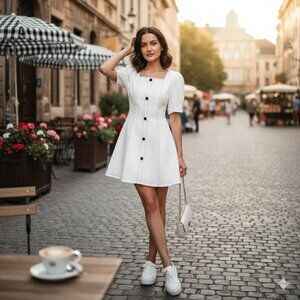 J.ING White Mini Dress with Black Buttons